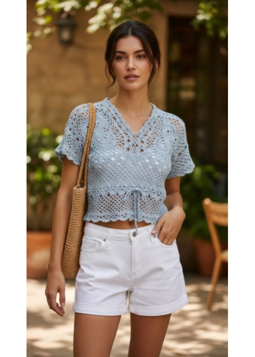 Kadın Gri Renk Dantel Örgü Bluz Hand Made