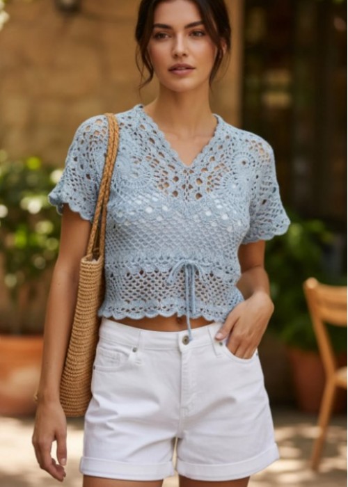 Kadın Gri Renk Dantel Örgü Bluz Hand Made