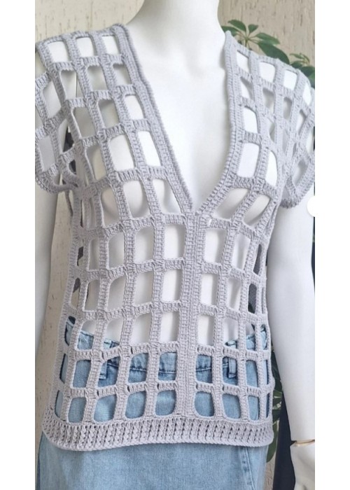 Kadın Gri Renk File Model Hand Made El Örgüsü Pamuklu Coton İpten V Yaka Yazlık Düşük Omuz Bluz