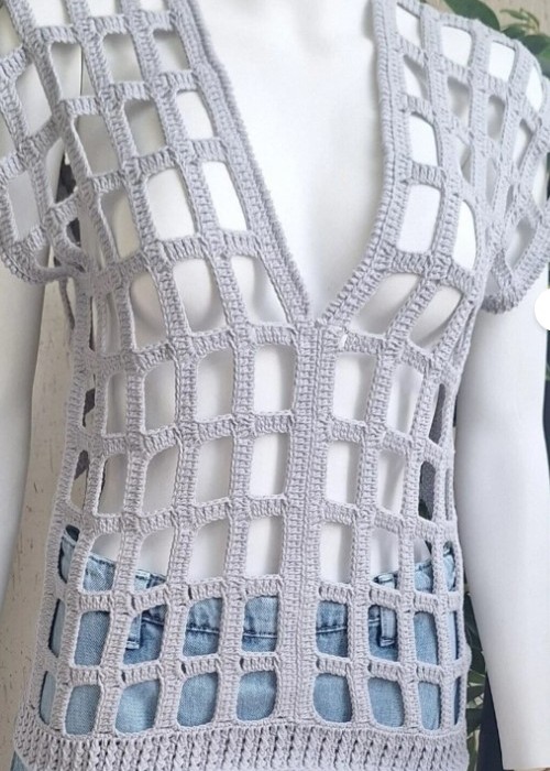 Kadın Gri Renk File Model Hand Made El Örgüsü Pamuklu Coton İpten V Yaka Yazlık Düşük Omuz Bluz