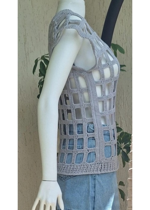 Kadın Gri Renk File Model Hand Made El Örgüsü Pamuklu Coton İpten V Yaka Yazlık Düşük Omuz Bluz