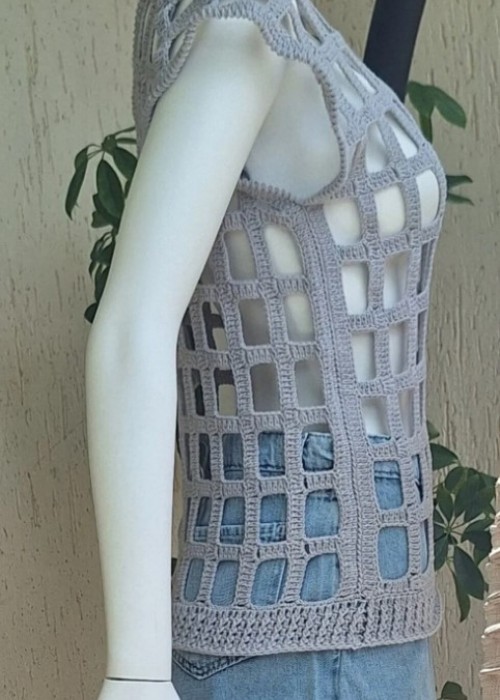 Kadın Gri Renk File Model Hand Made El Örgüsü Pamuklu Coton İpten V Yaka Yazlık Düşük Omuz Bluz