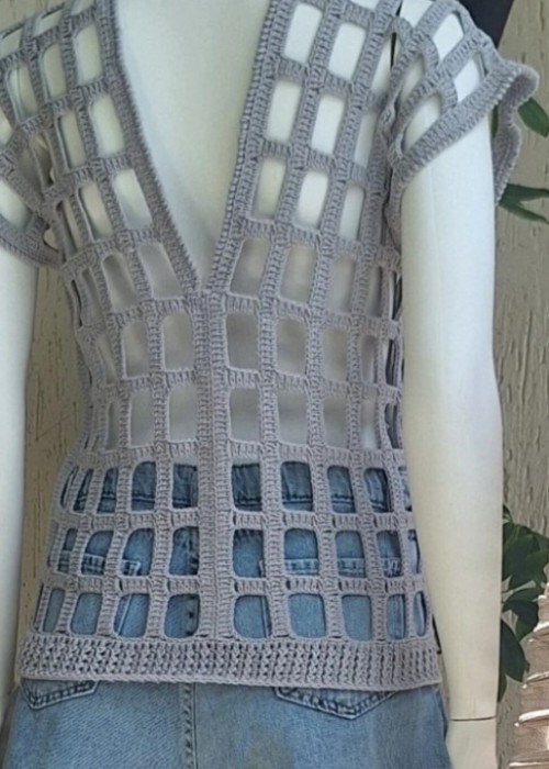 Kadın Gri Renk File Model Hand Made El Örgüsü Pamuklu Coton İpten V Yaka Yazlık Düşük Omuz Bluz