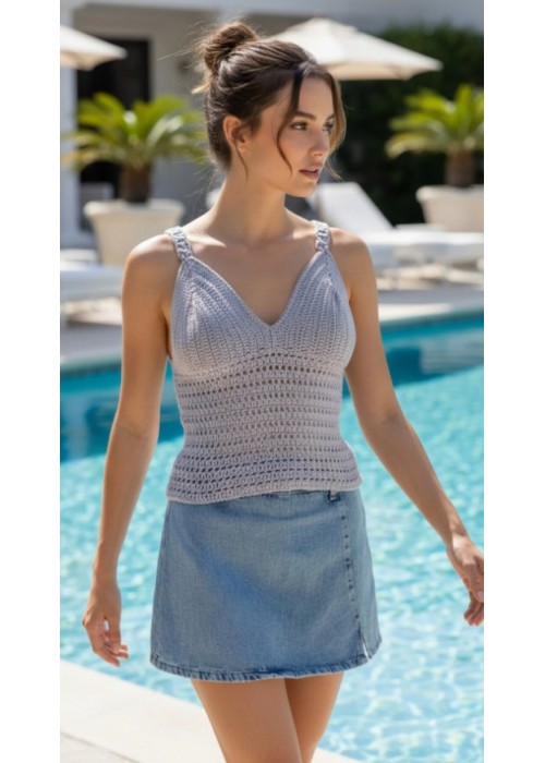 Kadın Gri Renk Pamuklu Coton İpten Hand Made El Örgüsü Yazlık Askılı Bluz