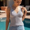 Kadın Gri Renk Pamuklu Coton İpten Hand Made El Örgüsü Yazlık Askılı Bluz