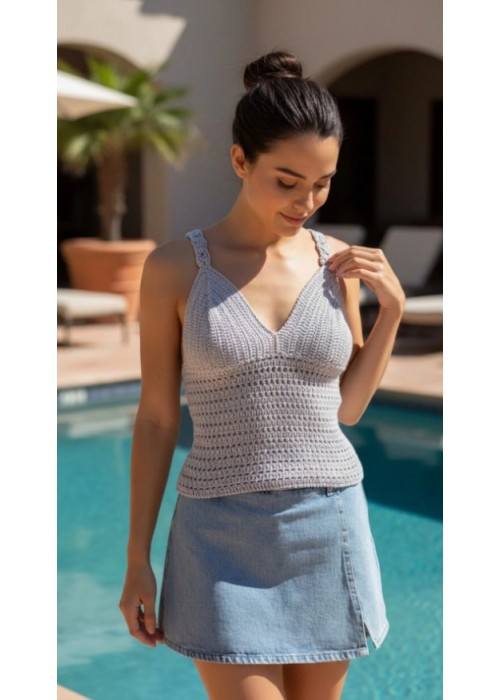 Kadın Gri Renk Pamuklu Coton İpten Hand Made El Örgüsü Yazlık Askılı Bluz