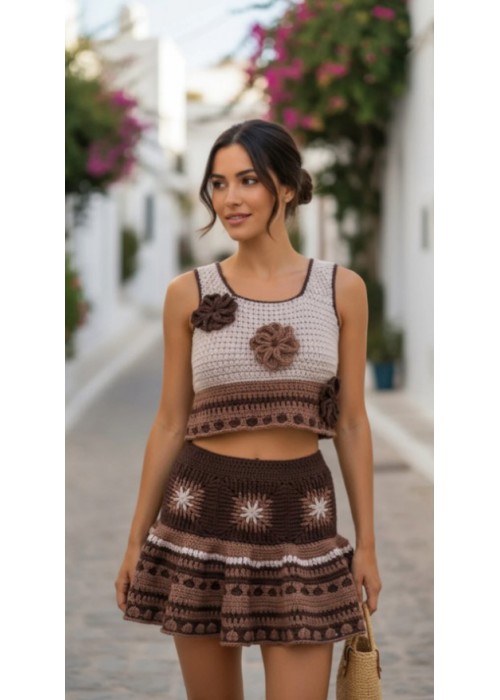 Kadın Kahverengi El Örgüsü Crop Bluz Kısa Etekli Takım