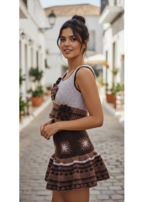 Kadın Kahverengi El Örgüsü Crop Bluz Kısa Etekli Takım