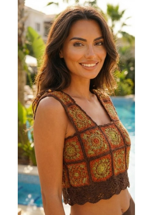 KADIN KAHVERENGİ TURUNCU YEŞİL MOTİFLİ EL ÖRGÜSÜ BLUZ MÜSLİN ETEK