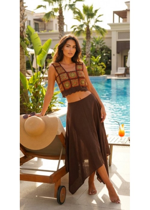 KADIN KAHVERENGİ TURUNCU YEŞİL MOTİFLİ EL ÖRGÜSÜ BLUZ MÜSLİN ETEK
