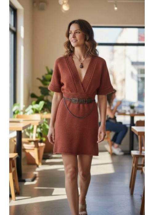 KADIN KİREMİT KIRMIZISI DÜŞÜK KOL ÖRGÜ ELBİSE HAND MADE