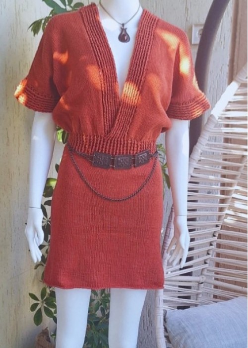 KADIN KİREMİT KIRMIZISI DÜŞÜK KOL ÖRGÜ ELBİSE HAND MADE