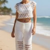 KADIN KREM RENGİ, ÖRGÜ PANTOLON CROP BLUZ TAKIM
