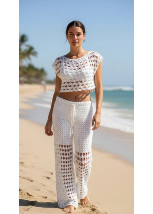 KADIN KREM RENGİ, ÖRGÜ PANTOLON CROP BLUZ TAKIM