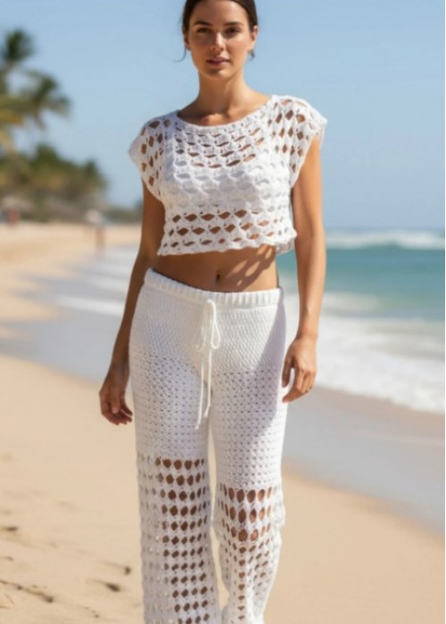 KADIN KREM RENGİ, ÖRGÜ PANTOLON CROP BLUZ TAKIM