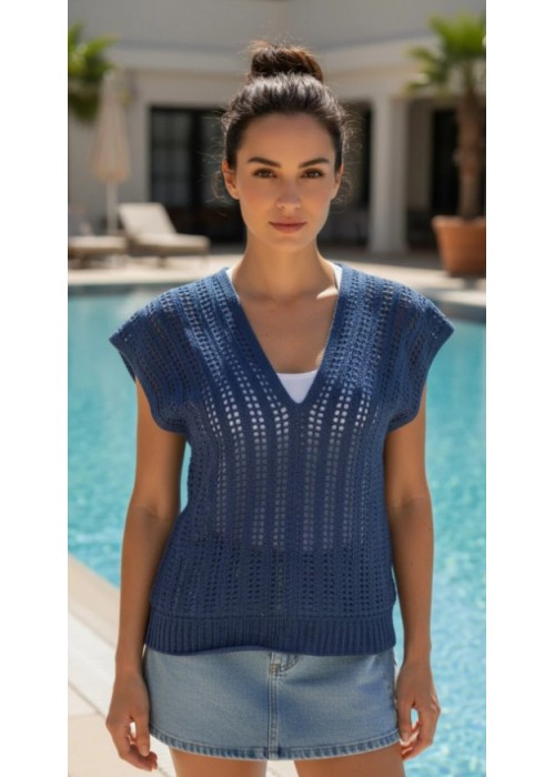 Kadın Mavi Renk Pamuklu İpten V Yaka Düşük Omuz Düşük Kol Hand Made El Örgüsü Yazlık Bluz