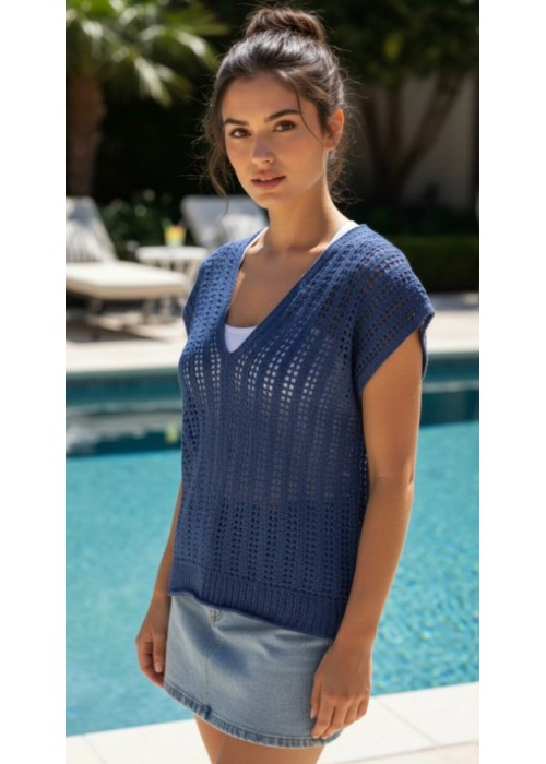 Kadın Mavi Renk Pamuklu İpten V Yaka Düşük Omuz Düşük Kol Hand Made El Örgüsü Yazlık Bluz