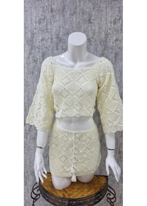 Yazlık Ekru Uzun Ve Geniş Kollu Bluz Belden Bağcıklı Etekli Örgü Takım