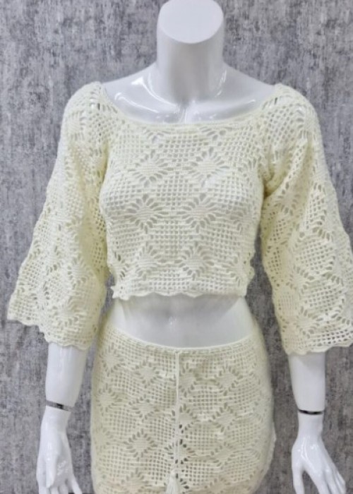 Yazlık Ekru Uzun Ve Geniş Kollu Bluz Belden Bağcıklı Etekli Örgü Takım