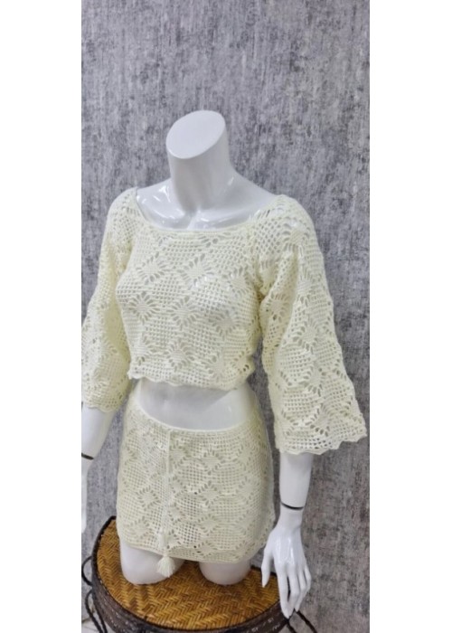 Yazlık Ekru Uzun Ve Geniş Kollu Bluz Belden Bağcıklı Etekli Örgü Takım