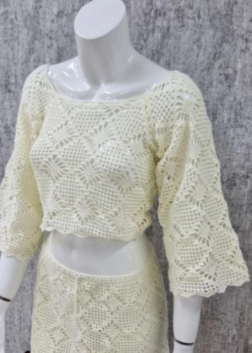 Yazlık Ekru Uzun Ve Geniş Kollu Bluz Belden Bağcıklı Etekli Örgü Takım