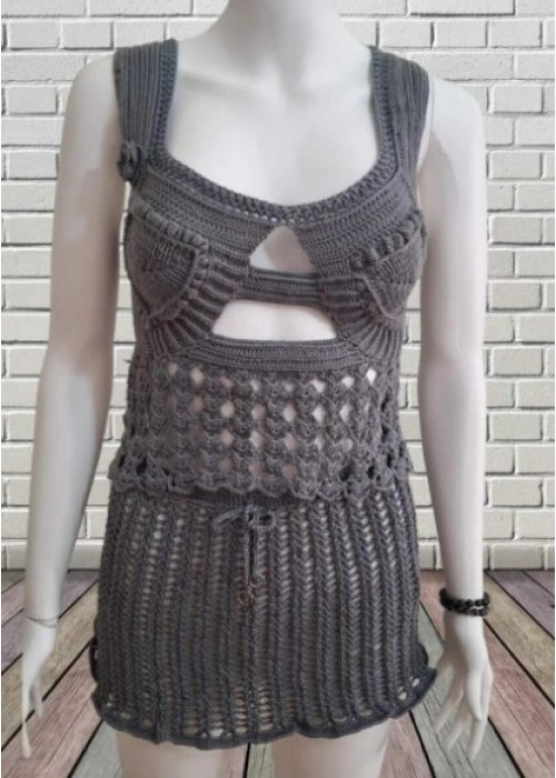 Yazlık Kalın Askılı Sırt Çapraz Bağcıklı Bluz Belden Bağcıklı Etekli Gri Örgü Takım