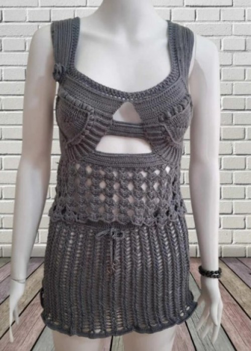 Yazlık Kalın Askılı Sırt Çapraz Bağcıklı Bluz Belden Bağcıklı Etekli Gri Örgü Takım