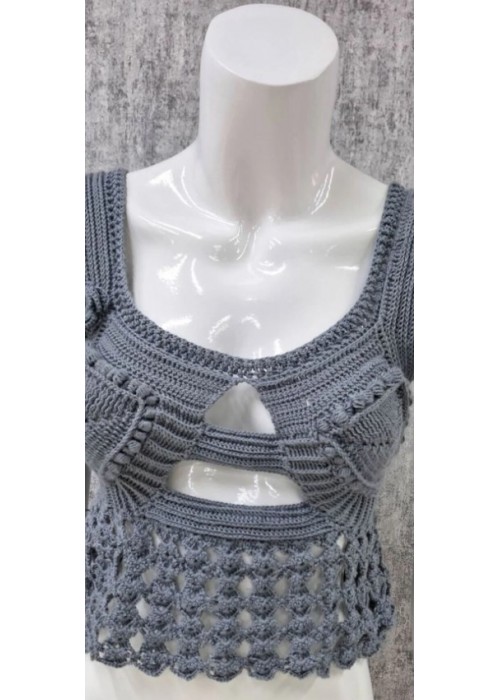 Yazlık Kalın Askılı Sırt Çapraz Bağcıklı Bluz Belden Bağcıklı Etekli Gri Örgü Takım