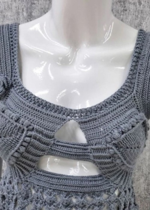 Yazlık Kalın Askılı Sırt Çapraz Bağcıklı Bluz Belden Bağcıklı Etekli Gri Örgü Takım