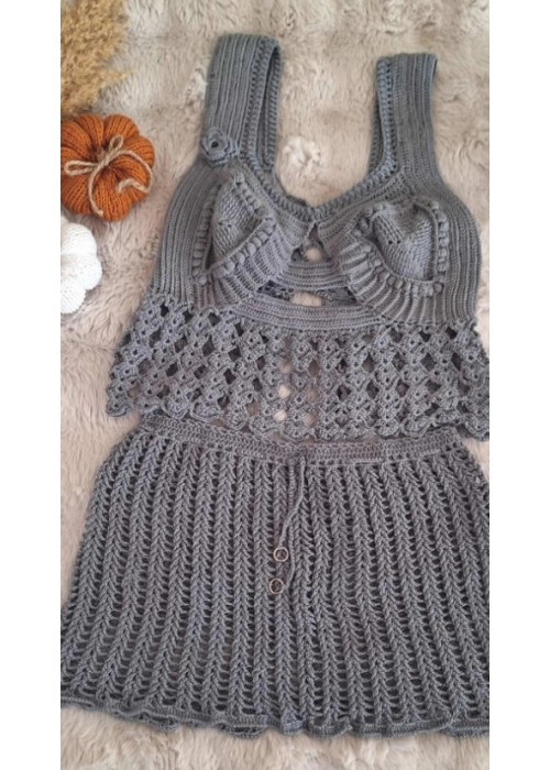 Yazlık Kalın Askılı Sırt Çapraz Bağcıklı Bluz Belden Bağcıklı Etekli Gri Örgü Takım