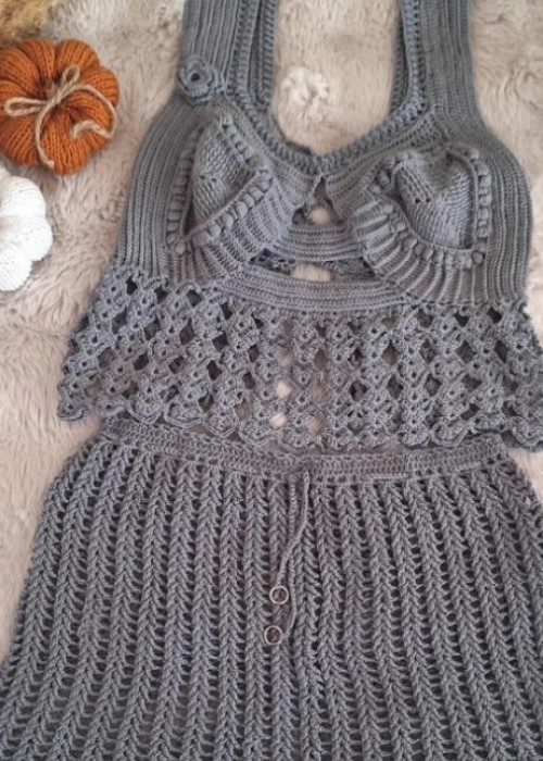 Yazlık Kalın Askılı Sırt Çapraz Bağcıklı Bluz Belden Bağcıklı Etekli Gri Örgü Takım