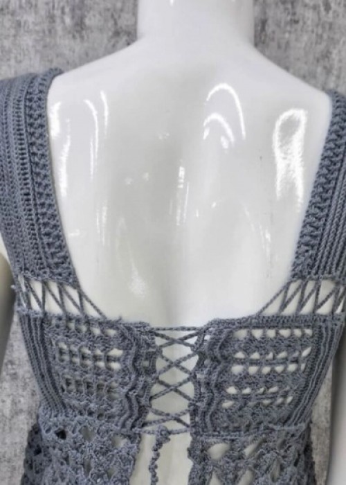 Yazlık Kalın Askılı Sırt Çapraz Bağcıklı Bluz Belden Bağcıklı Etekli Gri Örgü Takım