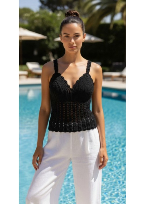 Yazlik Si̇Yah Renk Örgü ,Askili Crop Bluz