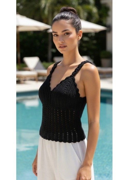 Yazlik Si̇Yah Renk Örgü ,Askili Crop Bluz