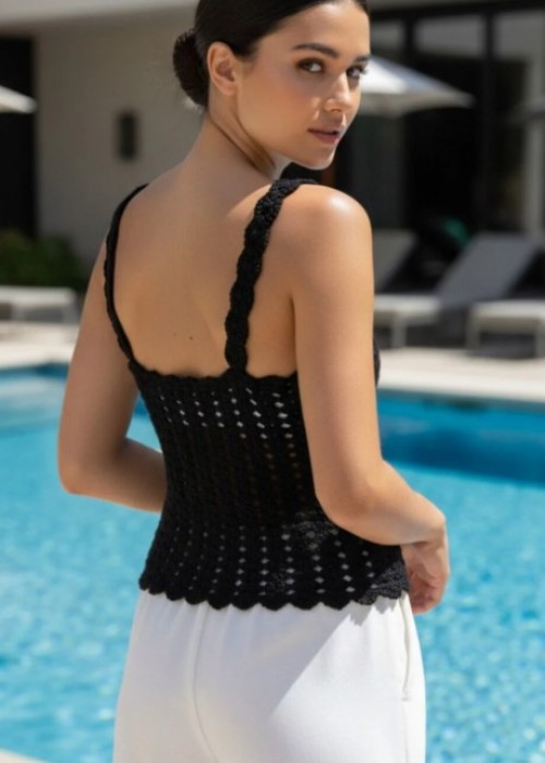 Yazlik Si̇Yah Renk Örgü ,Askili Crop Bluz