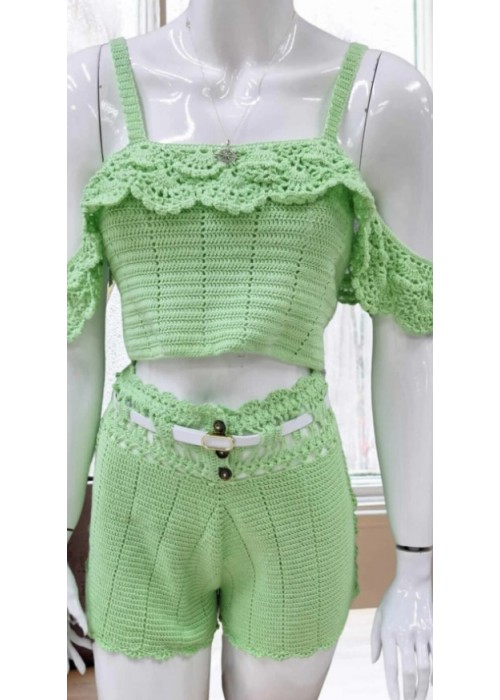 Yazlık Yeşil Renk Örgü , Askılı , Şortlu Takım