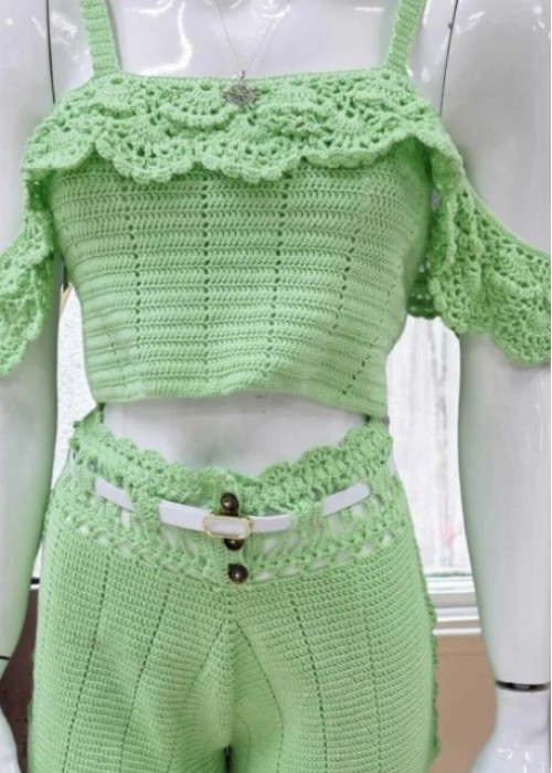 Yazlık Yeşil Renk Örgü , Askılı , Şortlu Takım
