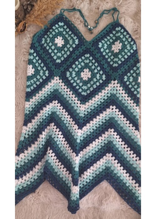 Yazlık Yeşil,Mavi,Beyaz Geometrik Desenli Asimetrik Askılı Örgü Elbise