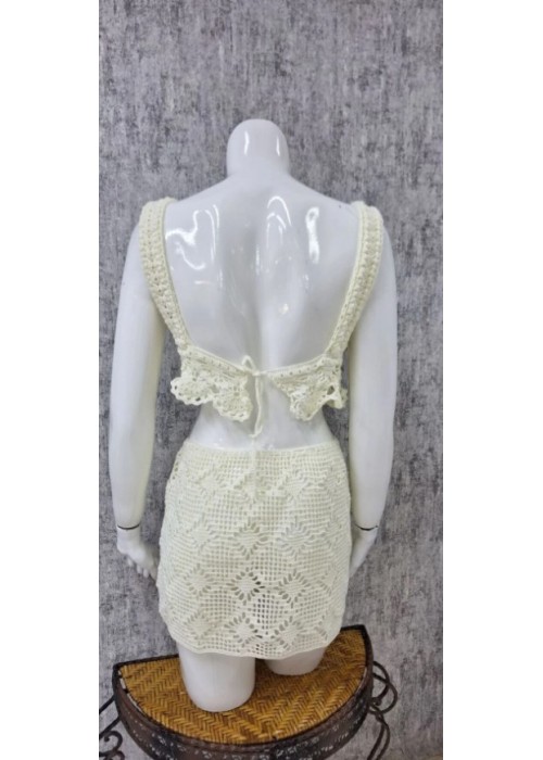 Kadın Ekru Renk Yazlık Örgü Geniş Askılı Sırtı Bağcıklı Bluz