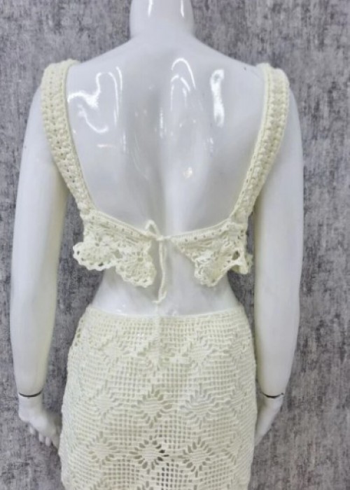 Kadın Ekru Renk Yazlık Örgü Geniş Askılı Sırtı Bağcıklı Bluz