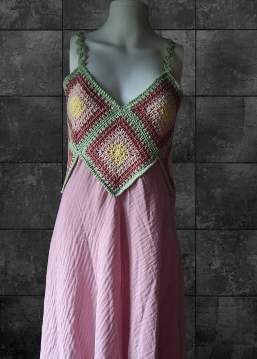 ANNE KIZ KOMBİN PEMBE EL ÖRGÜSÜ YAZLIK ELBİSE