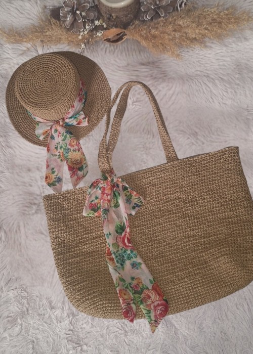 KADIN EL ÖRGÜSÜ YAZLIK KAĞIT İP DOĞAL RENK PLAJ ÇANTASI VE ŞAPKASI