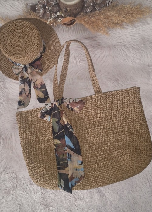 KADIN EL ÖRGÜSÜ YAZLIK KAĞIT İP DOĞAL RENK PLAJ ÇANTASI VE ŞAPKASI