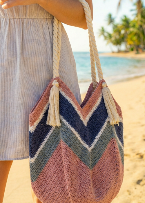 Kadın Zigzag Desenli, Pembe,Beyaz,Mavi Kombin Torba Çanta