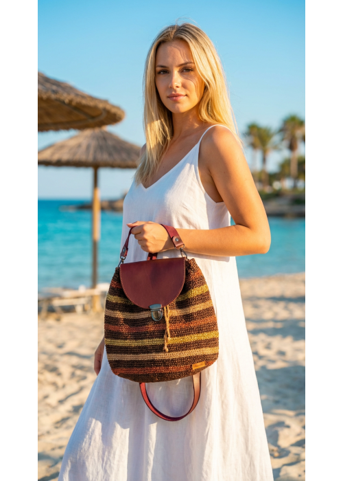 Kadın, Bohem, Deri Kapaklı,Kahverengi, El Örgüsü Omuz Çantası