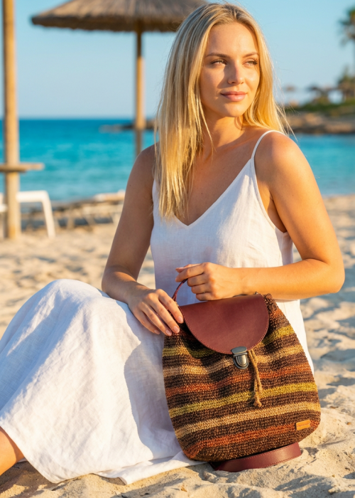 Kadın, Bohem, Deri Kapaklı,Kahverengi, El Örgüsü Omuz Çantası