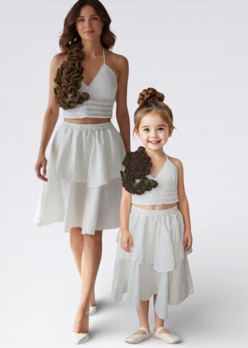 ANNE KIZ KOMBİN BEYAZ EL ÖRGÜSÜ YAZLIK ETEK,BLUZ