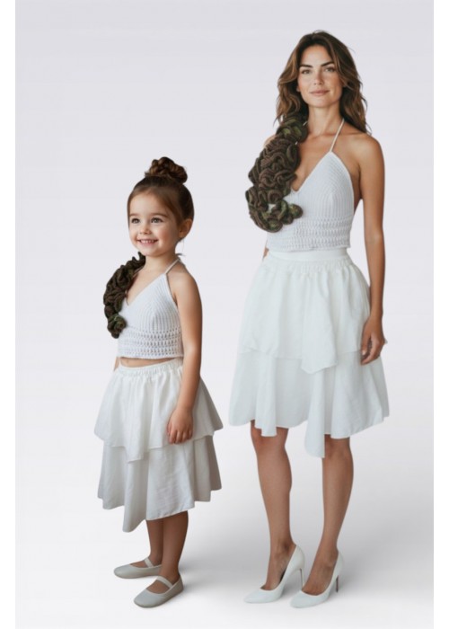 ANNE KIZ KOMBİN BEYAZ EL ÖRGÜSÜ YAZLIK ETEK,BLUZ