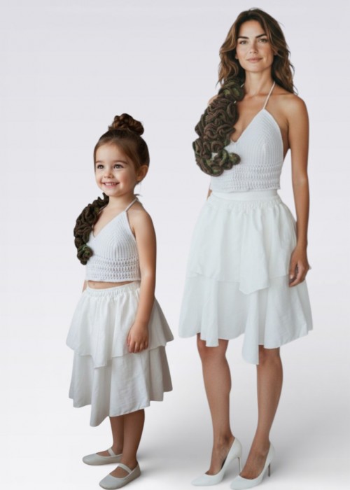 ANNE KIZ KOMBİN BEYAZ EL ÖRGÜSÜ YAZLIK ETEK,BLUZ