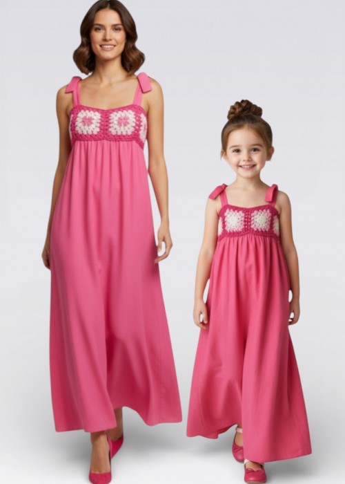 ANNE KIZ KOMBİN PEMBE EL ÖRGÜSÜ YAZLIK ELBİSE